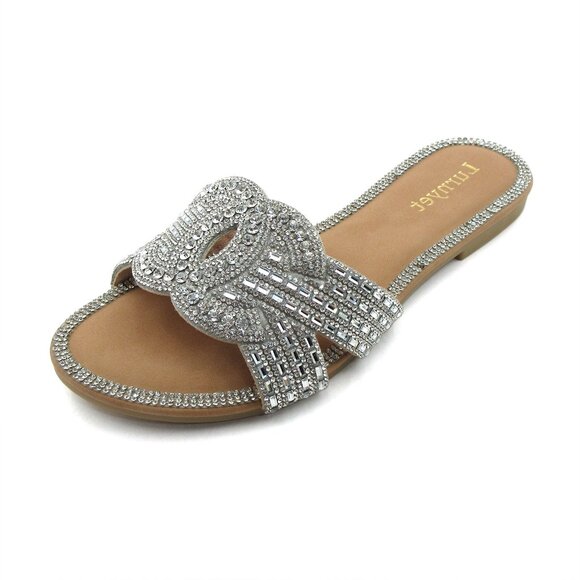 Lurnyet Women's Comfort Cushion Crystal Rhinestone Slide Flat Slip-On Sandals - Picture 3 of 6